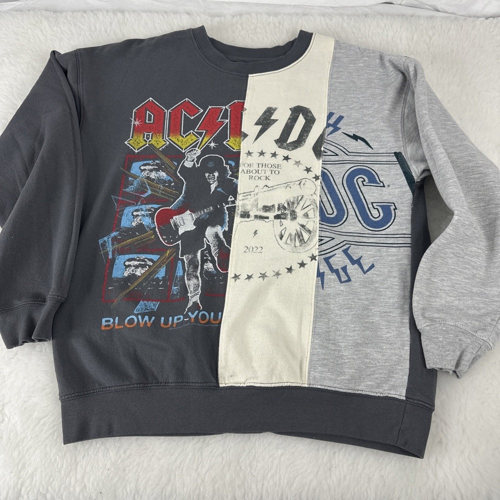 ACDC Colorblock Graphic Sweatshirt Mens Medium Grey Patchwork Crewneck Band Tee